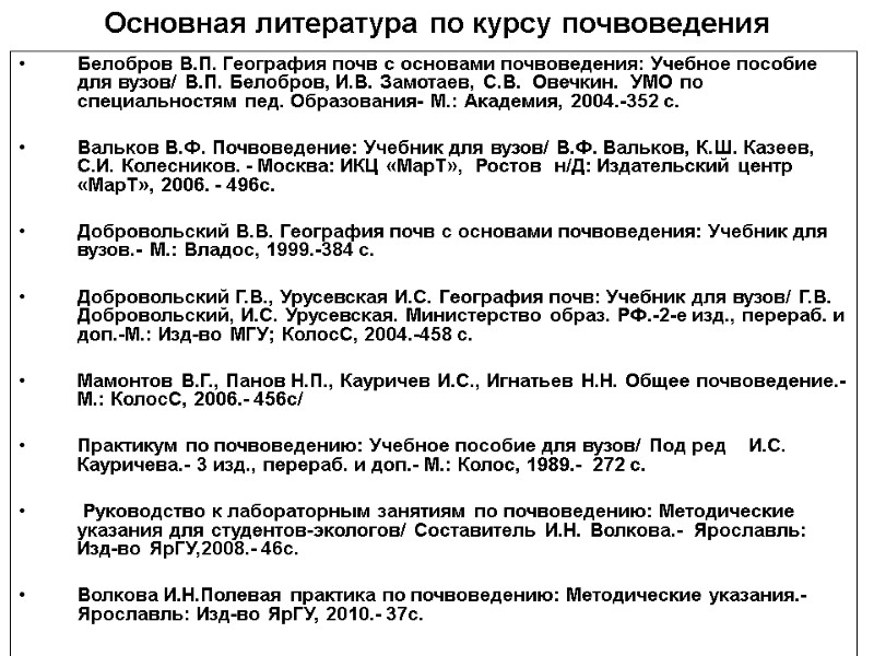 Основная литература по курсу почвоведения Белобров В.П. География почв с основами почвоведения: Учебное пособие